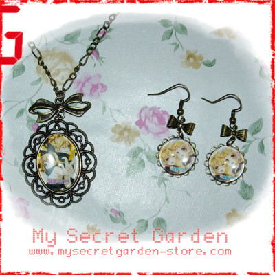 Vocaloid Kagamine Twins Rin and Len 鏡音リン・レン anime Cabochon Bronze Necklace & Earrings Set